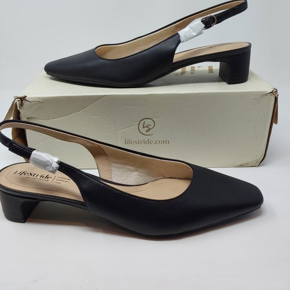 LifeStride Women's 10W Black Slingback Pumps Low Block Heel Soft System S1001